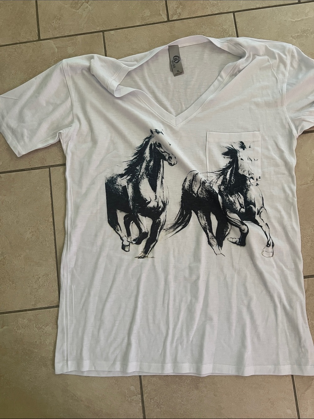 Go Couture White Short Sleeve V-Neck Tee with Black Horse Print